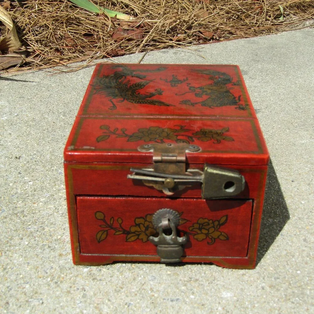 Vintage Chinese Red Lacquer Vanity Jewelry Box with Mirror & Dragon Motif